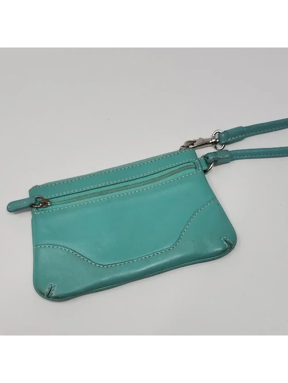 Elegant Turquoise Leather Wallet Wristlet Leopard Interior